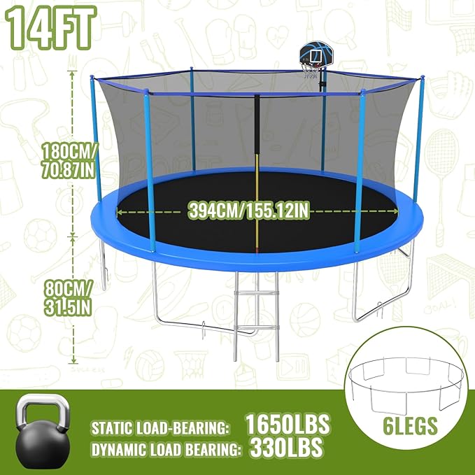 10FT/12FT/14FT Outdoor Trampoline for Kids and Adults - Trampoline with Basketball Hoop & Sprinkler - Anti Rust - ASTM Approved - Blue