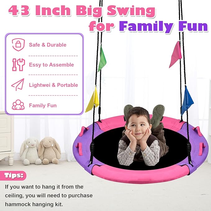 Tree Swing, 43 Inch Saucer Swing Sets for Kids, Come with 360 Degree Swivel and Adjustable Hanging Strap, Pink and Purple