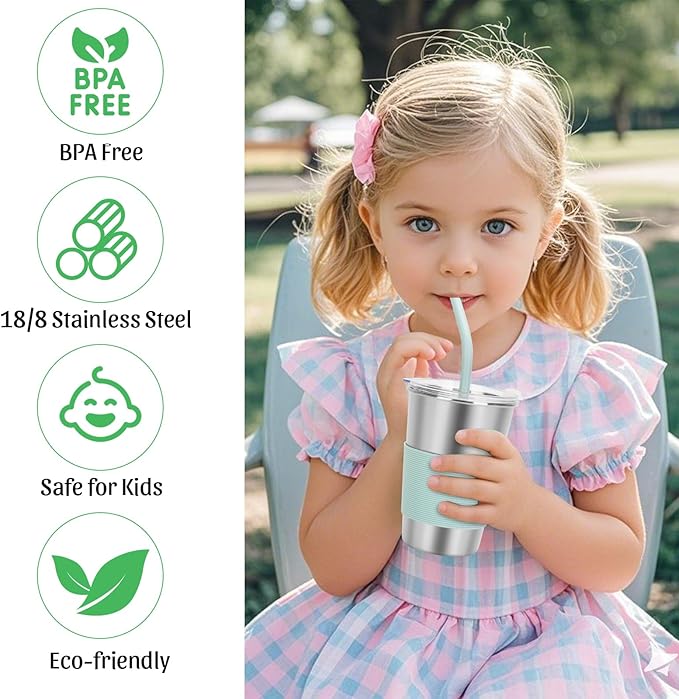 Kids Stainless Steel Cups, 16oz Kids Tumbler with Lid and Straw, 6 Color Unbreakable Metal Spill Proof Cups for Adults and Children