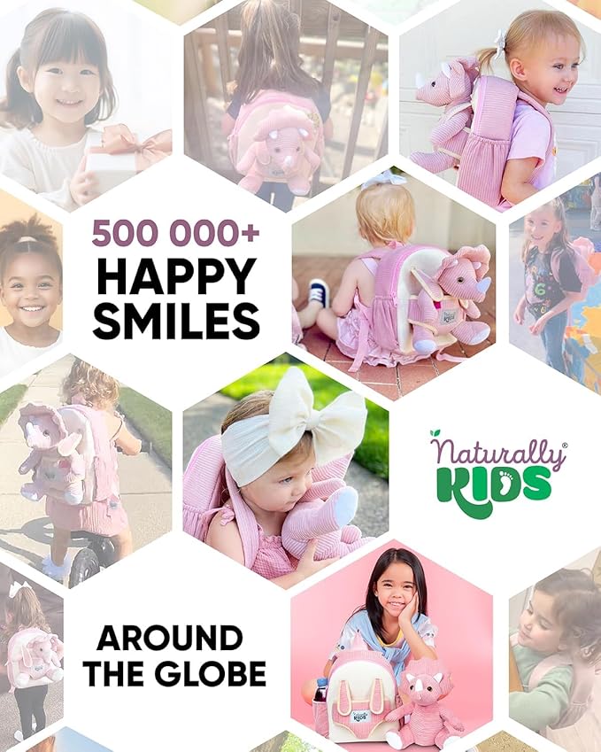 Naturally KIDS Pink Dinosaur Toys for Girls, Triceratops Toy, Dinosaur Gifts for 2 3 Year Old Girls, Toddler Backpack