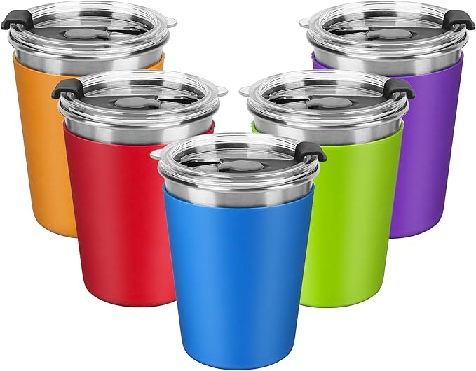 Kids Stainless Steel Cups, 12oz Kids Metal Drinking Glasses with Lids and Sleeves, Unbreakable Spill Proof Cups for Kid and Adult, Stacking Sippy Cups for Hot Chocolate & Cold Drinks 5Pack