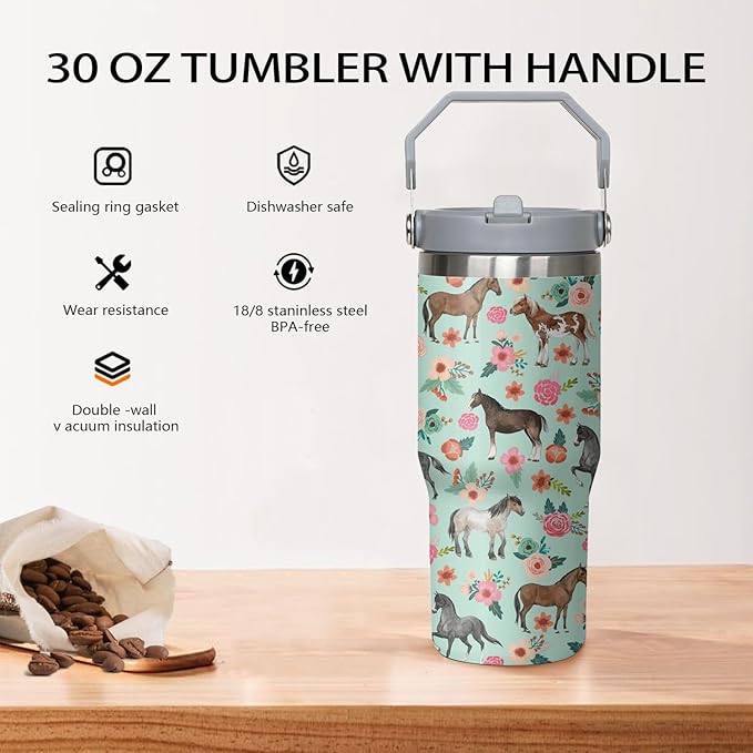 30 oz Horse Flip Straw Tumbler with Handle, Cute Floral Horse Insulated Stainless Tumbler Coffee Cups Water Bottle CoffeeTravel,Horses Gifts for Women Horse Lovers Girls