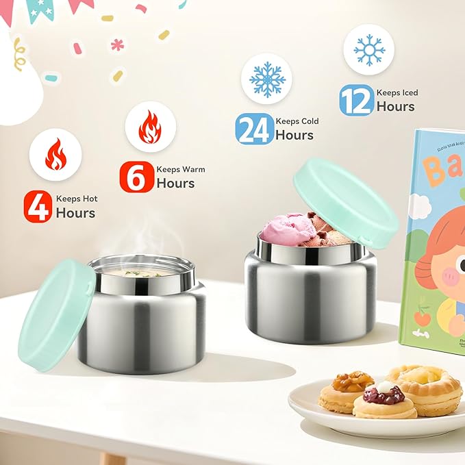 Kids Lunch Box Set -12oz Insulated Food Jar, Thermal Bag,Leakproof Lunch Food Containers Cutlery (BPA Free)-Gift for Girls/Boys Age 3-10(Green-Gradient)