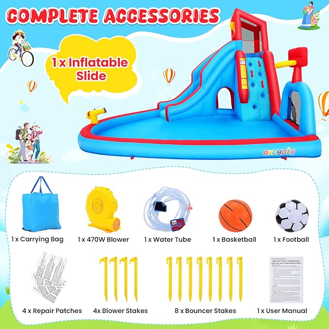 ROOJER Inflatable Water Slide for Kids Backyard 9-in-1 Blow Up Water Park with 470W Blower, Dump Bucket, Adventure Play Tunnel, Splash Pool, Climbing Wall, Cannon, Goal Shooting Zone, Basketball Hoop