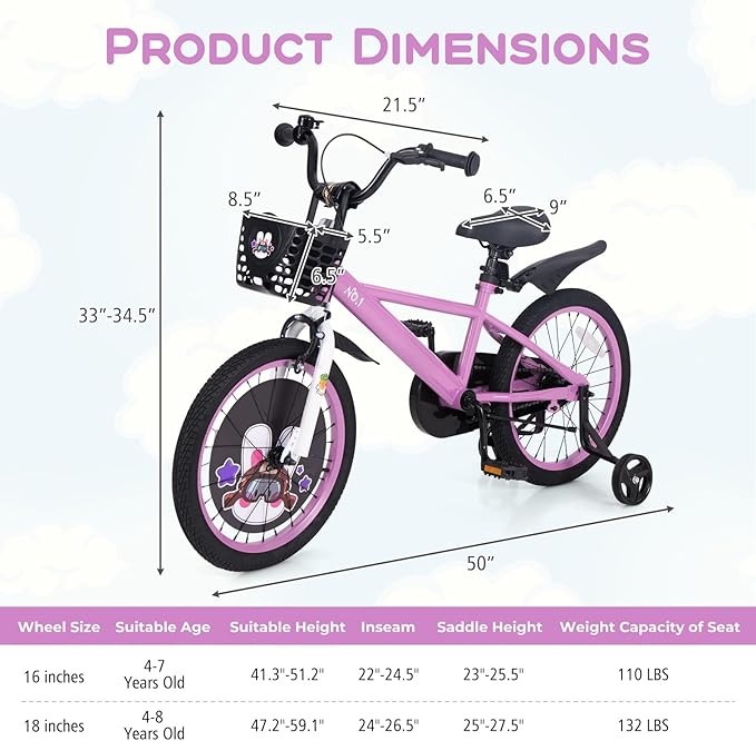 BABY JOY Rabbit Pilot Sporty Kids Bike, 12 14 16 18 Inch Child Bike for 3-8 Years Old with Adjustable Height, Training Wheels, Storage Basket, Handbrake & Coaster Brake, Kids Bicycle for Girls Boys