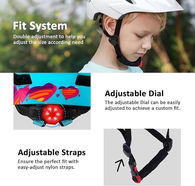 Kids Bike Helmet, Youth Toddler Boys Girls Helmets, 2 Size Adjustable for Ages 2-3-5-8-14 Years, Child Helmet with Visor and LED Light, Lightweight Multi-Sport Bicycle Scooter Cycling Helmets