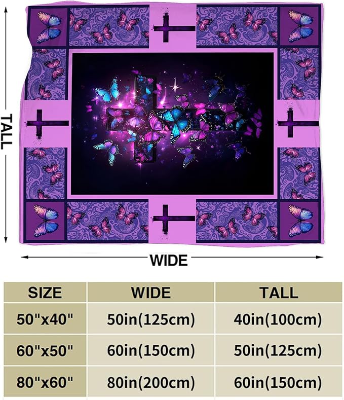 Christian Cross Blanket, Purple Butterfly Throw Blanket, Religious Gifts Blankets Stuff Fleece Flannel Plush for Women Men Boys Girls Lovers Adults Soft Bedding for Sofa Bed Home Decor 60"x50"