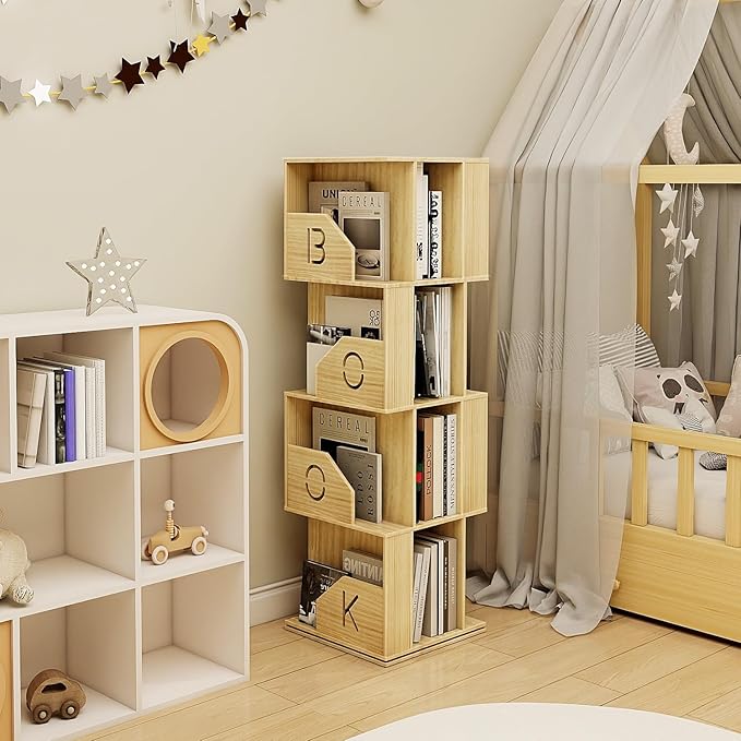 4 Tier Kids Rotating Bookshelf, Premium Pine Wood Space Saving Bookshelf Holds 100+ Books, 360° Spinning, Great for Larger Reads in Kids’ Room, Living Room & Office, Easy to Assemble