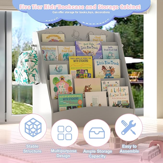 NACHES 5-Tier Kids Bookshelf - Toddler Book Display Shelves, Montessori Bookshelf for Kindergarten, Nursery, Bedrooms, Classrooms - Wooden Children Book Display, Grey