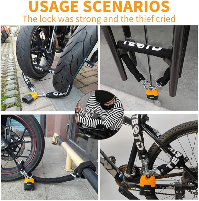 Motorcycle Chain Lock 6.6ft/200cm Heavy Duty Anti-Theft Security 10mm Thick With Bright-Colored Lock, 4 Keys for Motorcycles, Containers (10.36lbs)