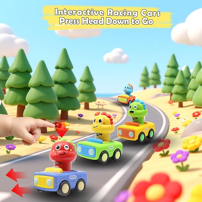 Pbooo Toys for 1 Year Old Boy, Press and Go Car Toys for Toddlers 1-3, Push and Go Animal Toy Cars Set, Birthday Gifts for 1 2 Year Old Boys, Baby Toys 12-18 Months