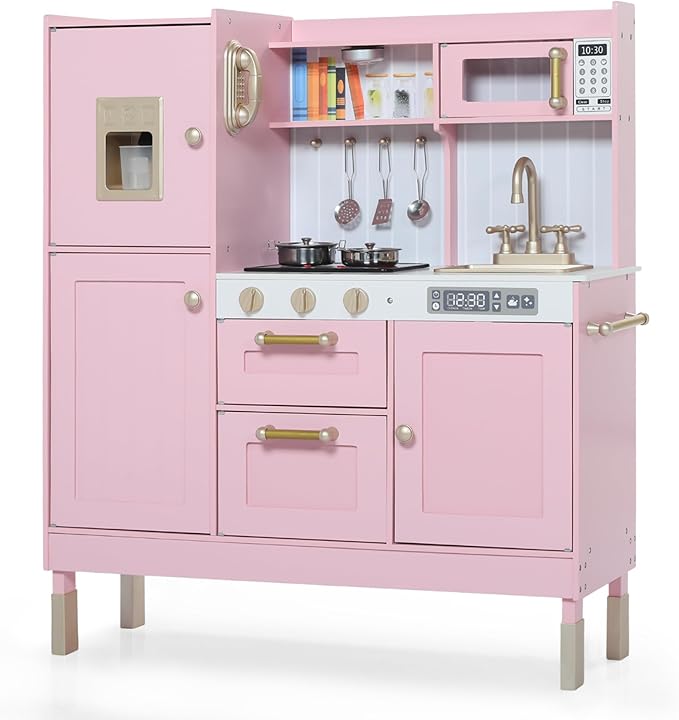 Play Kitchen for Kids, Wooden Kids Kitchen Playset with Realistic Sounds, Children Pretend Toy Kitchen Playset w/Stove, Oven & Ice Maker, Little Chef Play Kitchen for Girls and Boys, Pink