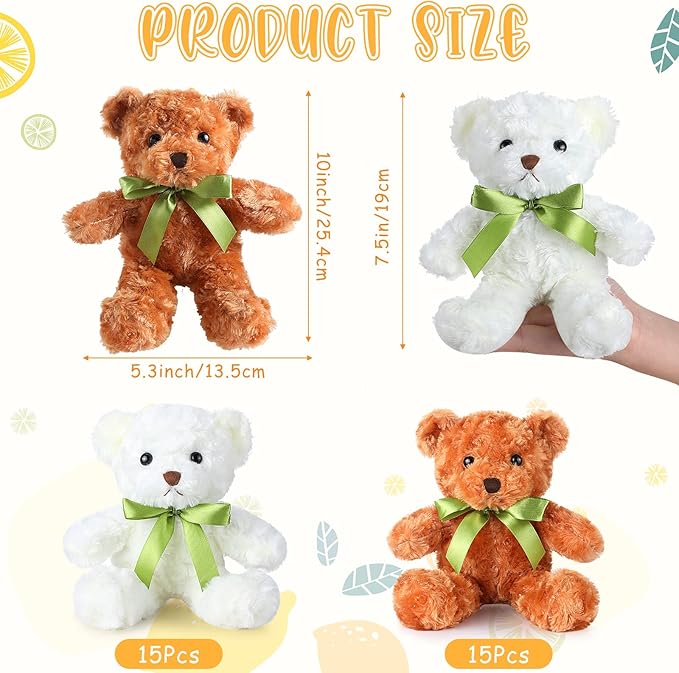 Hungdao 30 Pcs 10 Inch Plush Bears Bulk Stuffed Animals Cute Soft Toys Gifts with Ribbon White and Light Brown Shaggy Bears with Green Bow for Birthday Gift Baby Shower Wedding Decor