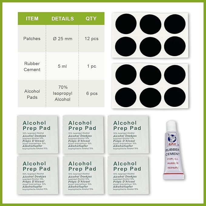PAX 19Pcs Punctured Bike TPU Repair Tire Patch Kit, Contains 12Pcs 25mmØ Glueless Patches, 6Pcs Alcohol Prep Pads, 1Pc 5ml Rubber Cement, Punctured Tube Repair Kit for Bicycle, Inflatable Rubber