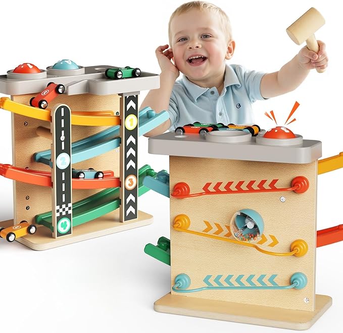 Toddler Toys for 1 Year Old Boy Girl 2 in 1 Pound Ball Toy & Car Ramp Race Track Learning Early Developmental & Educational Montessori Toys for Toddler 1-3 Year Old Birthday Gifts