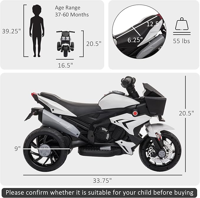 Aosom 6V Kids Motorcycle Toddler Ride-on Toy, High-Traction Battery-Operated Mini Electric Motorbike with Forward/Reverse Switch, Music, Headlights, Horn, White