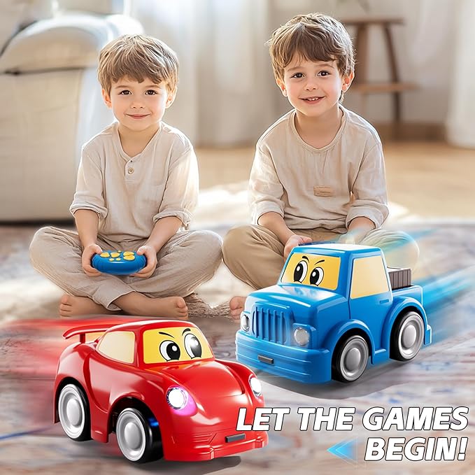 Remote Control Car for Toddlers 1-3 2-4 3-5, 2 Pack Cartoon 2.4 GHz RC Cars for Kids, Electric Hobby RC Car Toys, Christmas Birthday Gifts Toys for Kids Boys Girls 2 3 4 5 6 Years Old