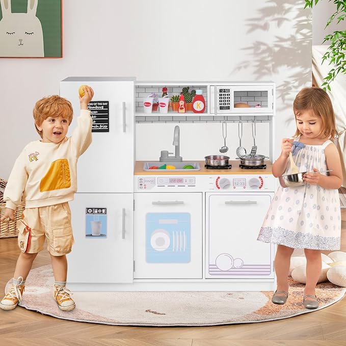 HONEY JOY Kids Kitchen Playset, Wooden Little Chef Pretend Play Kitchen Set w/Blackboard, Large Storage Cabinet, Stove, Faucet, Sink, Play Kitchen for Toddlers, Gift for Boys Girls, White