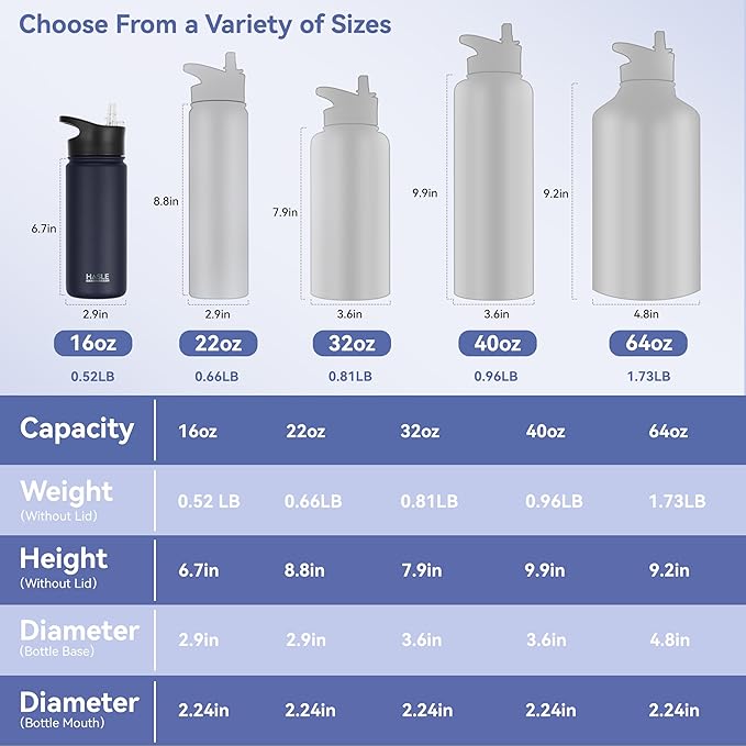 HASLE OUTFITTERS Insulated Water Bottle 16 oz Double Wall Vacuum Stainless Steel Water Bottle Leak Proof for School Wide Mouth with Straw Lid & Spout Lid Keeps Cold and Hot(Navy,8pack)