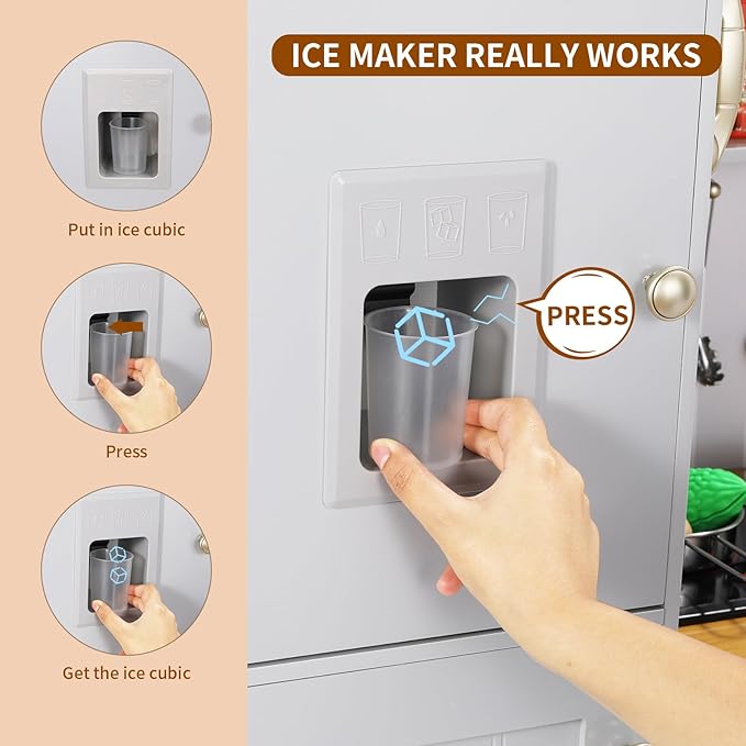 Arlopu Play Kitchen for Kids, Wooden Toy Toddler Kitchen Sets, Sturdy Pretend Cooking Playset with Storage & Accessories, Realistic Light & Sound, Stove, Fridge, Microwave, Removable Sink (Gray)