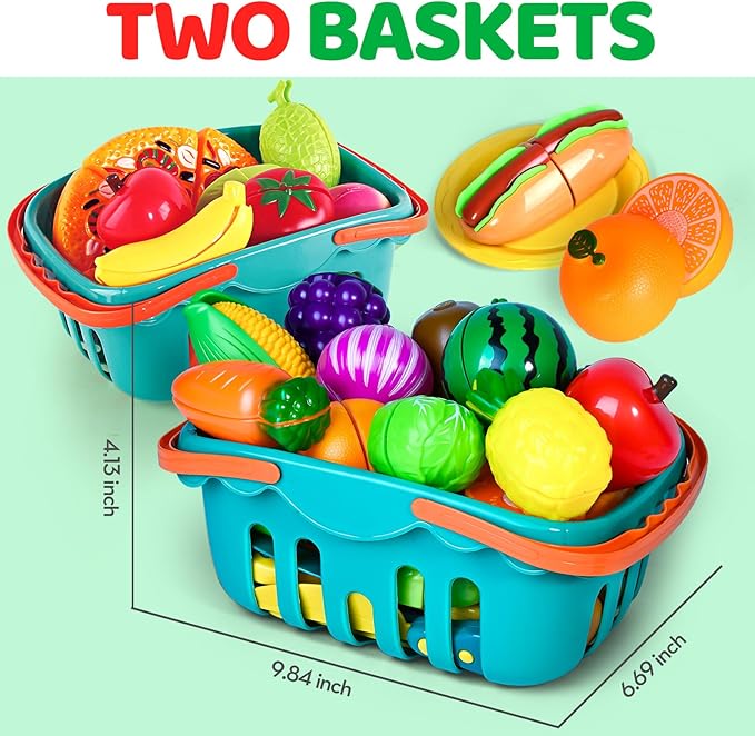 100 PCS Cutting Play Food Toy for Kids Kitchen, Pretend Food Toys for Toddlers, Play Kitchen Toys Accessories with 2 Baskets, Fake Food/Fruit/Vegetable, Birthday Gifts for 3 4 5 Years Old Boys Girls
