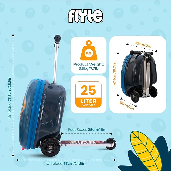 FLYTE Scooter Suitcase Folding Kids Luggage – Stormy the Shark, 18 Inch Hardshell, Ride On with Wheels, 2-in-1, 25 Litre Capacity