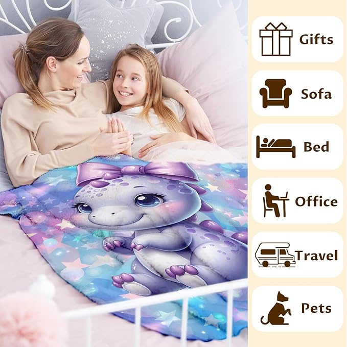 Girls Blanket Dinosaur Blankets for Girls Teens Gifts for Daughter On Bed Sofa, Cozy 60 x 50 Inches Flannel Throws for Bed Living Room Garden