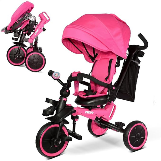KRIDDO 8-in-1 Foldable Tricycle Stroller for Toddlers 18 Months to 5 Years, 5-Point Seatbelt, 1-Step Brake Pedal, Extended Canopy, Triple Footrest, Safety Rearview Window, Detachable Guardrail, Pink