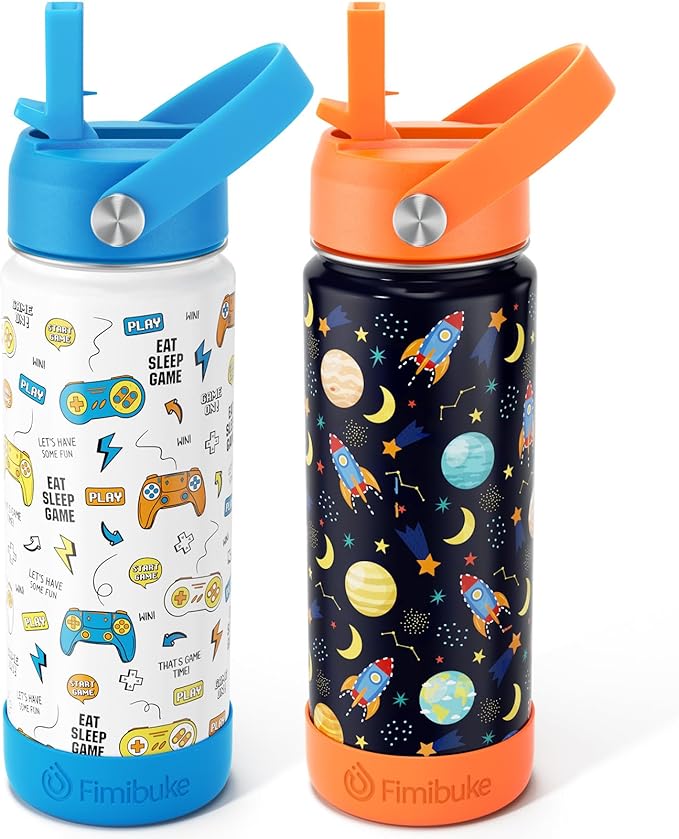 Fimibuke Kids Insulated Water Bottle, 18oz BPA FREE Kids Cups with Straw Double Wall Vacuum Tumbler 18/8 Stainless Steel Leak Proof Toddler Water Bottle for School Boys Girls (2 Pack, Game+Space)