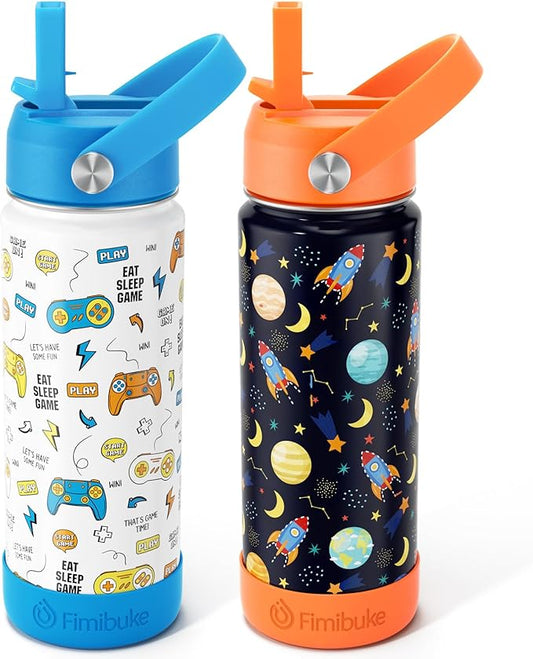 Fimibuke Kids Insulated Water Bottle, 18oz BPA FREE Kids Cups with Straw Double Wall Vacuum Tumbler 18/8 Stainless Steel Leak Proof Toddler Water Bottle for School Boys Girls (2 Pack, Game+Space)