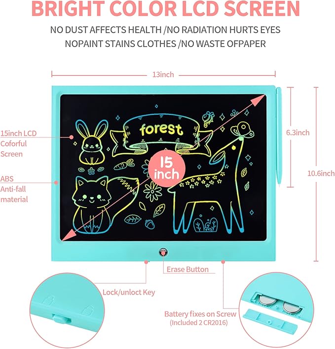 LCD Writing Tablet for Kids, 15 Inch Colorful Electronic Doodle Board, Educational Learning Kids Drawing Tablet Toys, Christmas Birthday Gift for 3 4 5 6 7 8 9 Year Old Girls Boy