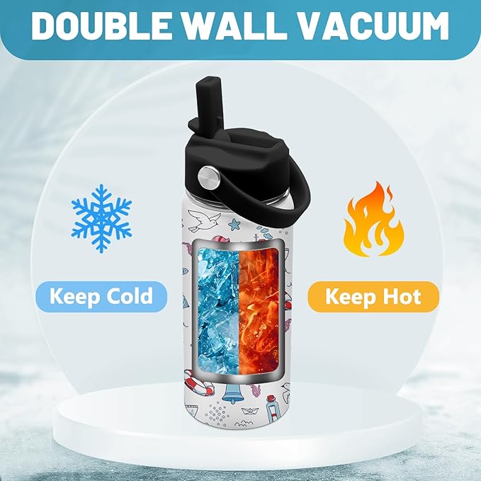 Nautical Gifts for Kids Boys, 16 oz Water Bottles with Straw Lid, Stainless Steel Insulated Ocean Water Bottle for Travel Outdoor, Navigation Lighthouse Cups Gifts for Birthday Christmas