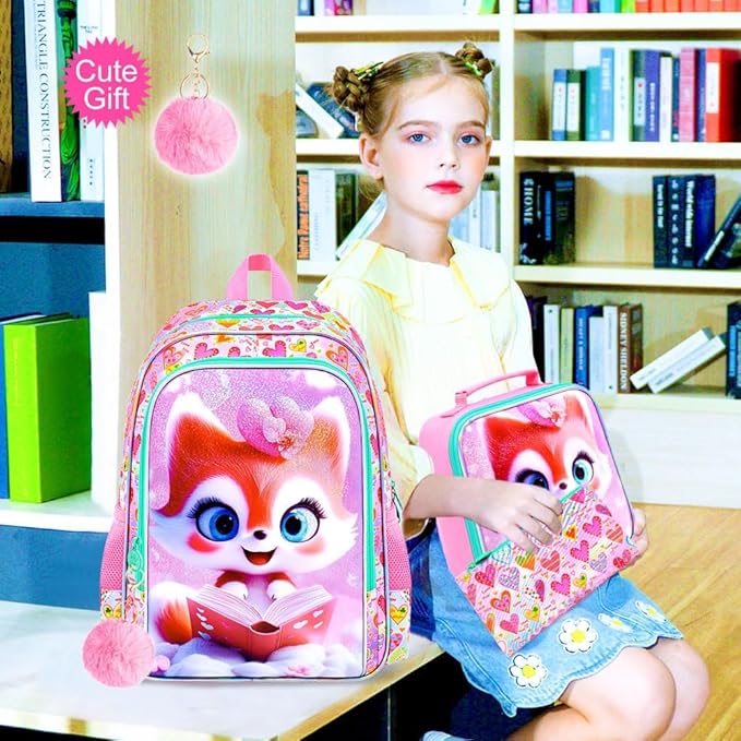 CCJPX 16" Fox Backpack for Girls, 3Pcs Kids Bookbag with Lunch Box, Water Resistant Elementary School Bag for Kindergarten Preschool Toddler (Pink)