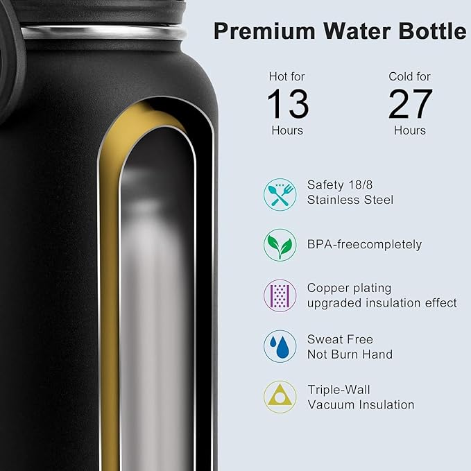Koodee Insulated Water Bottle, 22 oz Stainless Steel Double Wall Vacuum Wide Mouth Sport Bottle with Leakproof Spout Lid (Black)