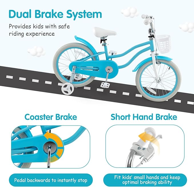 HONEY JOY Kids Bike, 12 14 16 18 20 Inch Toddler Bikes w/Training Wheels, Handbrake & Coaster Brake, Fully Enclosed Chain, Adjustable Handlebar & Seat, Kids Bicycle w/Basket, Girls Boys Bike 3-8