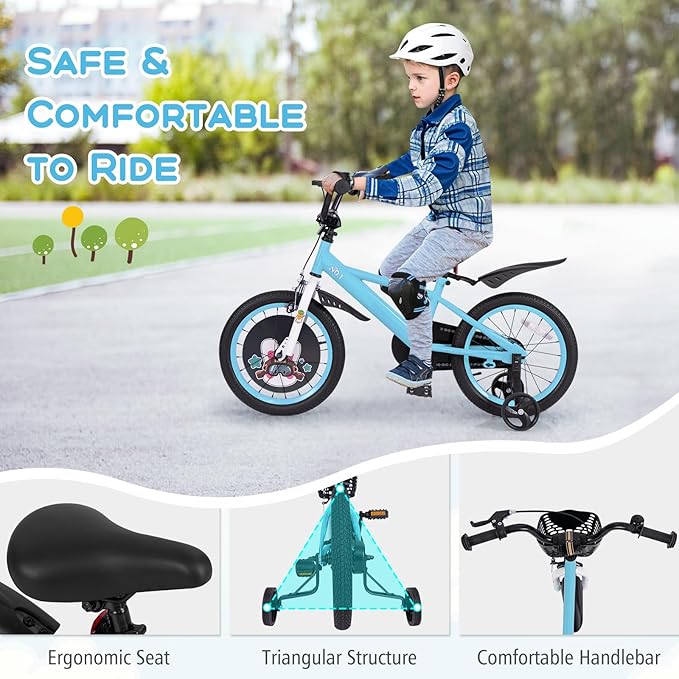 BABY JOY Rabbit Pilot Sporty Kids Bike, 12 14 16 18 Inch Child Bike for 3-8 Years Old with Adjustable Height, Training Wheels, Storage Basket, Handbrake & Coaster Brake, Kids Bicycle for Girls Boys