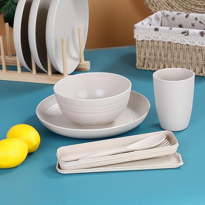 Wheat Straw Dinnerware Sets for 4, Wheat Straw Plates and Bowls Sets Kitchen Dishes 28pcs College Dorm Room Essentials Cutlery Set Microwave Safe (Beige)