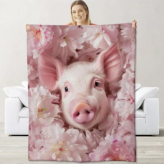 Pig Blanket for Adults Kids Girls, Flannel Pig Blankets Gifts, Pig Pink Flower Throw Blanket for Sofa Couch Bed Living Room Soft Warm Cozy Pig Decor 60" x 50"