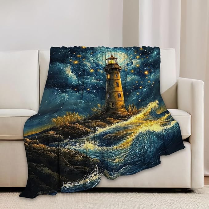 Lighthouse Blanket Nautical Coastal Lighthouse Starry Night Throw Blankets Gifts for Girls Boys Kids Soft Cozy Fleece Plush for Couch Sofa Bed 50"x40"