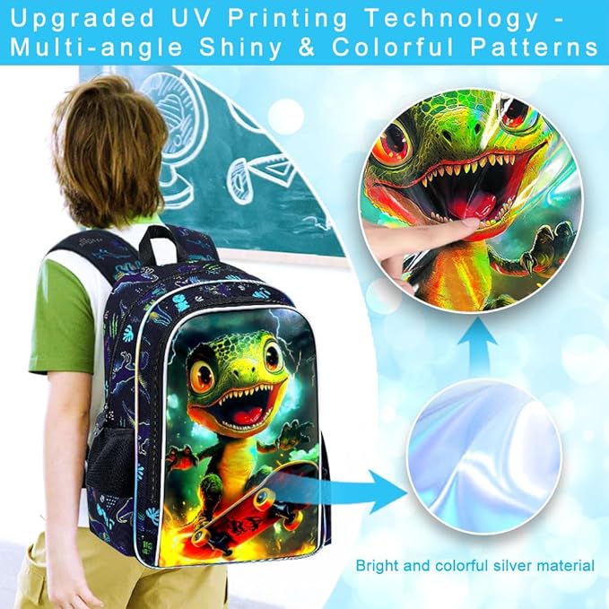 3Pcs Dinosaur Backpack for Boy, 16" Bookbag with Lunch Box, Kids School Backpacks for Elementary Preschool Kindergarten (Black)