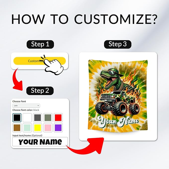 Boys Blanket, Personalized Dinosaur Blankets Gifts for Kids, Custom Tie Dye Throw for Dinosaur Lovers, Soft Fleece Truck Throw for Sofa (4 Sizes)