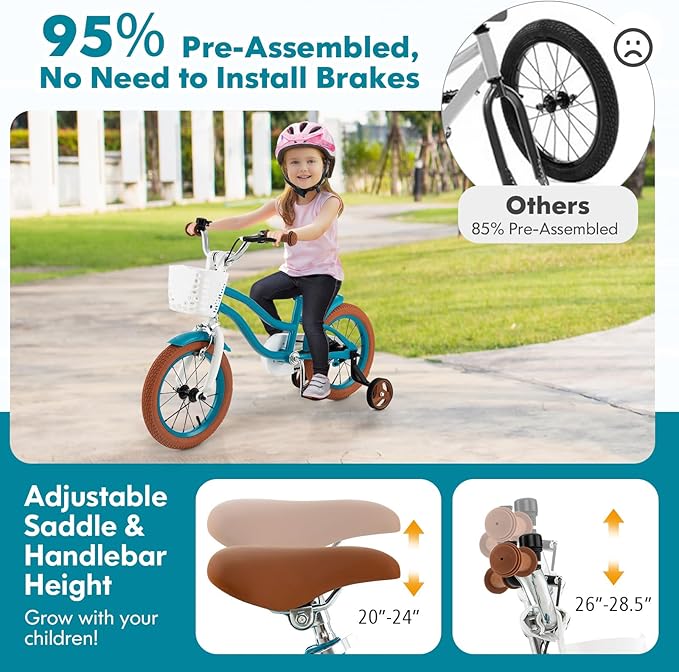 COSTWAY Kids Bike, 12 14 16 18 Inch Toddler Bike Children Bicycle w/Training Wheels, Hand & Coaster Brakes, Adjustable Saddle & Handlebar, Basket, Bell, Kids Bicycle for Girls Boys Aged 3-8 Years Old