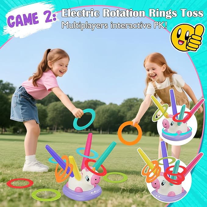 Outdoor Games Toys for Kids, 3 in 1 Rocket Launcher, Musical Jumping & Ring Toss Games with Remote Control, Unicorn Toys for Girls Age 4-6, Outdoor Play Toy for Toddlers 3-5 4-8 Birthday Gift Party