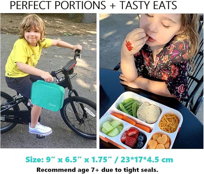 kinsho Bento Box with Lunch Bag and Ice Pack Set | Two Boxes, insulated Bags, Cold Packs for Kids Adults, Value Meal Containers for School Lunches or Snack, 6 Compartments BPA Free, Teal and Orange