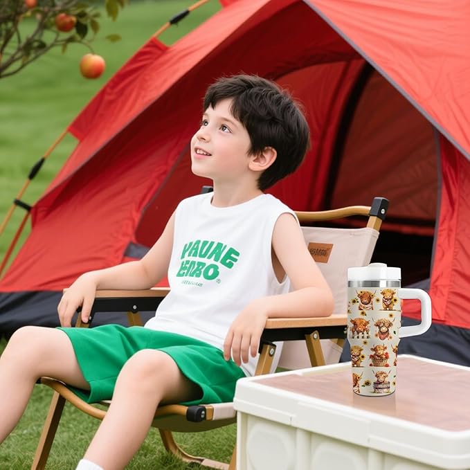 Highland Cow Gifts - 14oz Kids Highland Cattle Yak Tumbler with Handle and Straw, Stainless Steel Insulated Water Cup, for Boys & Girls, Travel - Farm Animal Cow Children Birthday Gift Cup(1pc)