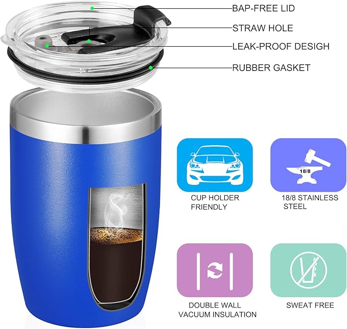 VEGOND Stainless Steel 12 oz Tumblers bulk Vacuum Insulated Double Wall Travel Tumbler with Lid and Straw Reusable Tumbler, Royal Blue 6 pack