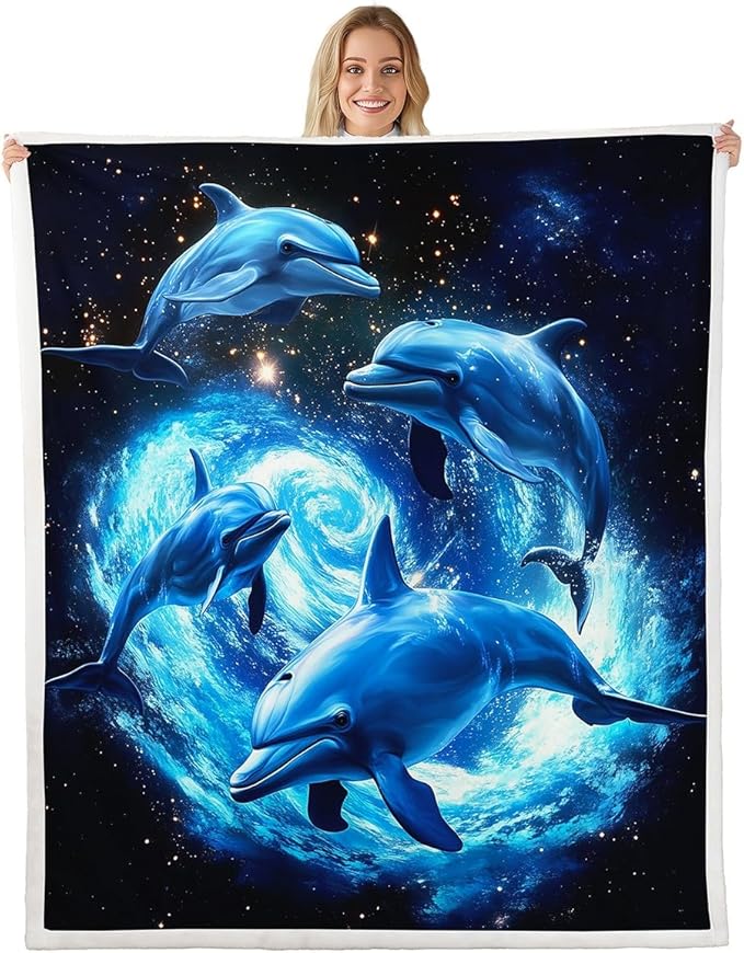 Galaxy Fleece Throw Blanket - Dolphin Sherpa for Sofa, Couch, Bed - Outer Space Psychedelic Swirl Plush - Ocean Marine Themed Blue Bright Fuzzy - Bedroom Decor - 50x60 Inch