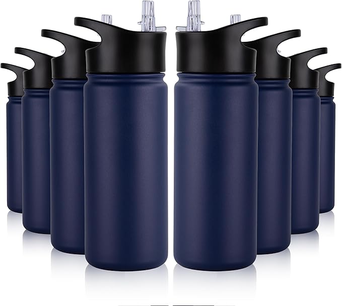 16 oz Insulated Water Bottle Bulk 8 Pack, Straw & Spout Lid, Keep Cold 24H, Spill Proof, BPA-Free, Double Wall, Stainless Steel Kids Water Bottles for School, Sports, Navy Blue