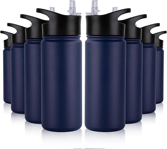16 oz Insulated Water Bottle Bulk 8 Pack, Straw & Spout Lid, Keep Cold 24H, Spill Proof, BPA-Free, Double Wall, Stainless Steel Kids Water Bottles for School, Sports, Navy Blue