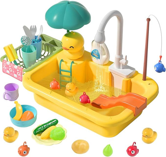 CUTE STONE Play Sink with Running Water, Kitchen Sink Toys with Play Food and Kitchen Utensils, Pool Floating Toys for Fishing Game, Children Role Play Electric Dishwasher Toy Gift for Boys Girls